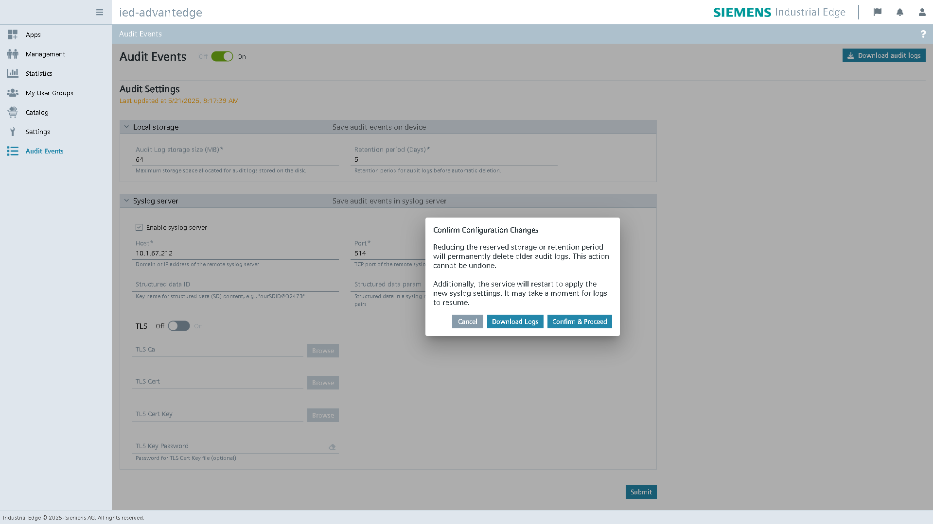 Audit Event Confirmation Popup