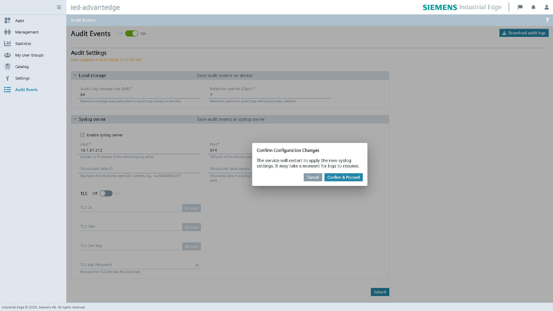 Audit Event Confirmation Popup