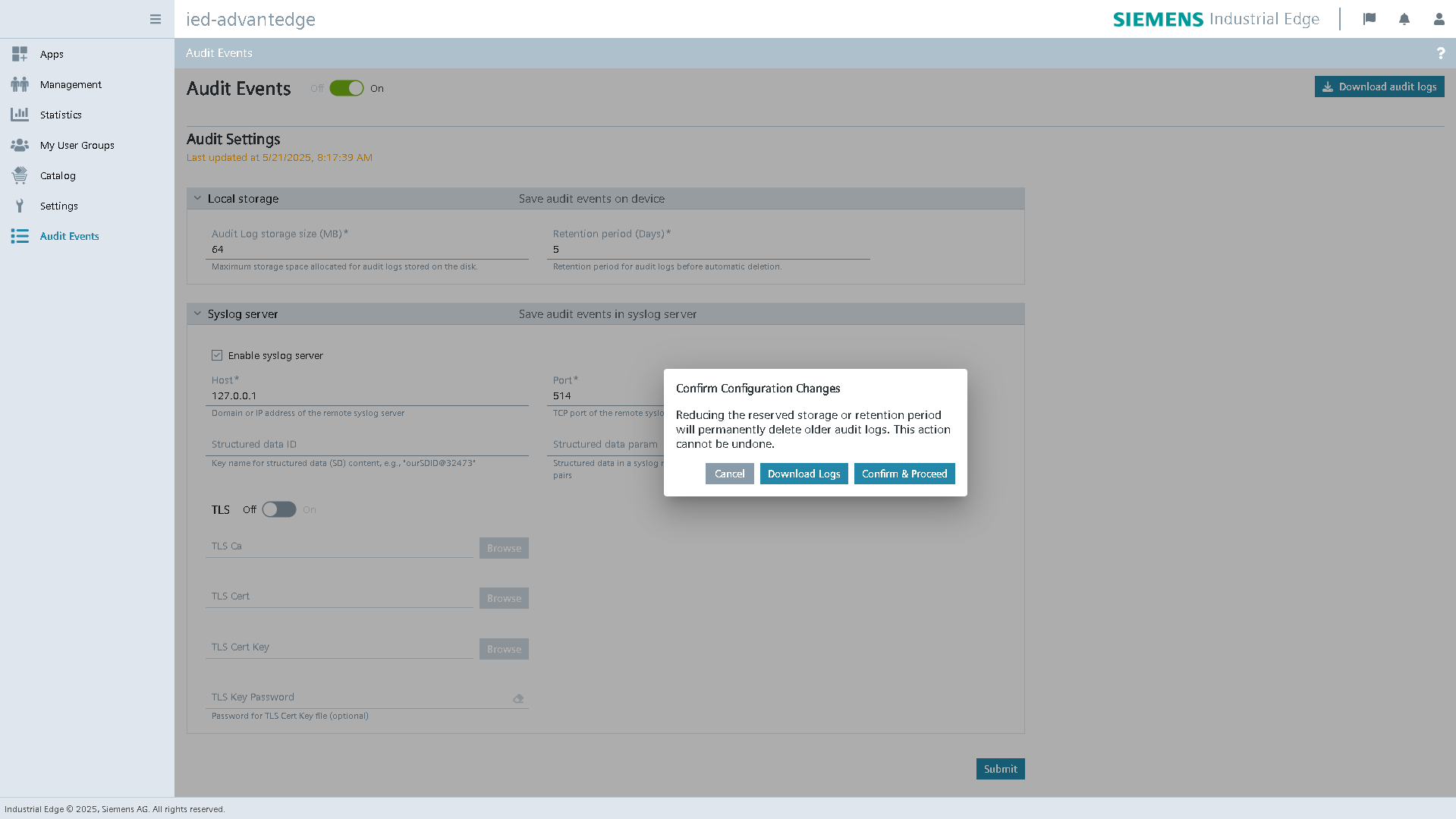 Audit Event Confirmation Popup