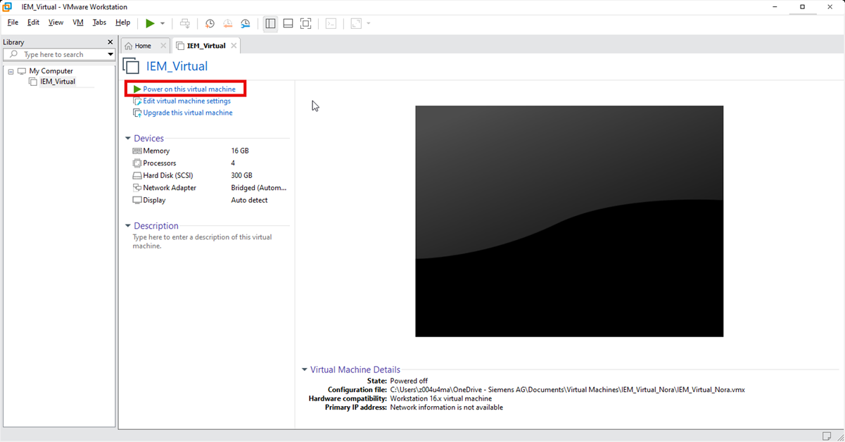 Click "Power on this Virtual Machine". The virtual machine boots up.