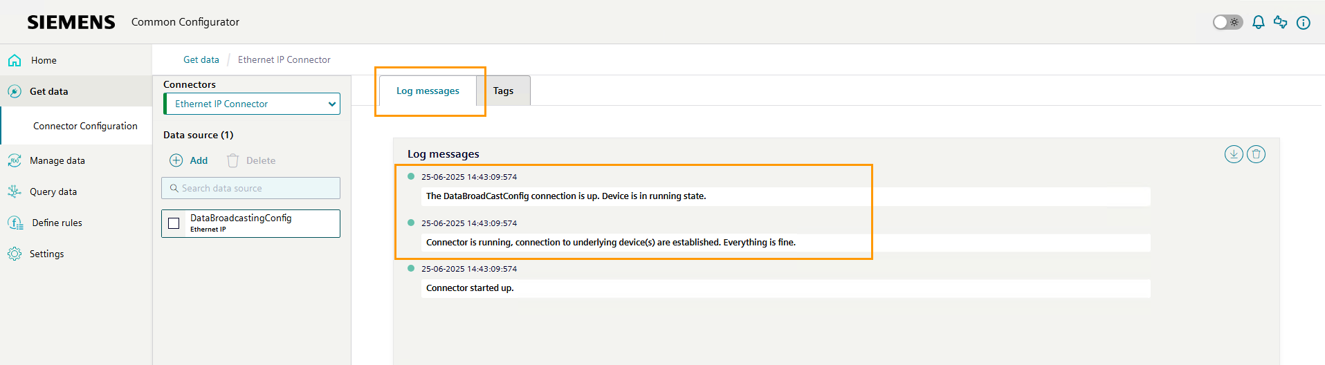 Check the logs for the following messages to ensure the connection is properly established.
