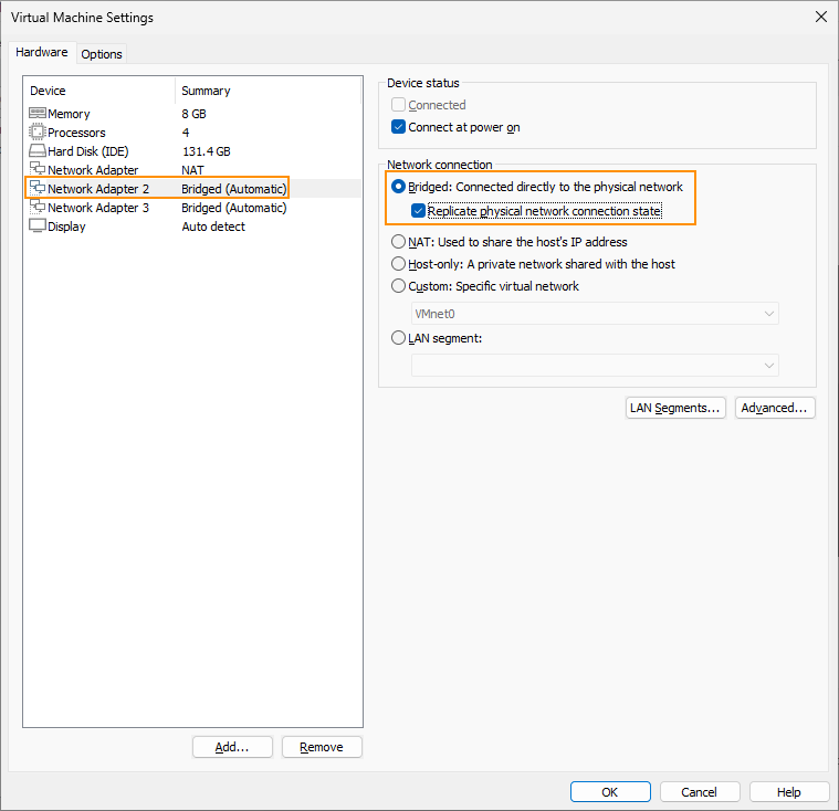 Change the network connection setting from "NAT" to "Bridged". Check the box for "Replicate physical network connection state".
