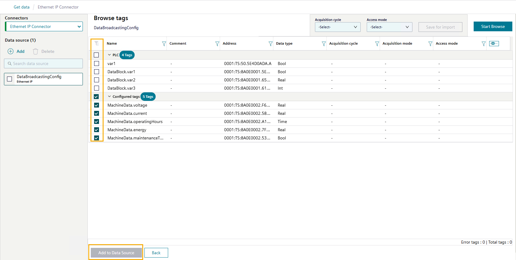 Click the checkboxes for the tags you wish to import from the IE Device via the Ethernet IP Connector. Click "Add to Data Source".