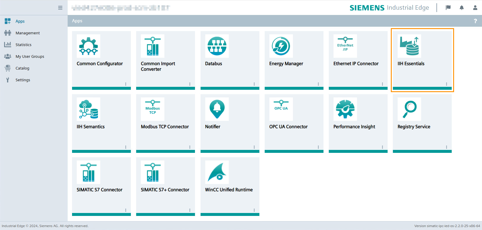 Click the "IIH Essentials" tile. The "IIH Essentials" UI opens.