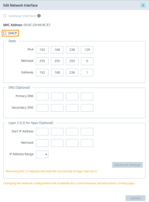 Enter a static IP address and netmask for the interface. The static IP address should be in the same subnet as the PLC.