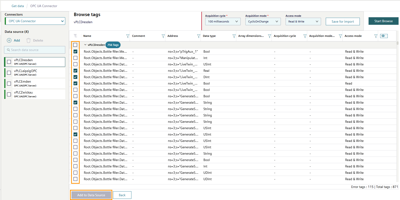 Click the checkboxes for the tags you wish to import from the IE Device via the OPC UA Connector. Click "Add to Data Source".
