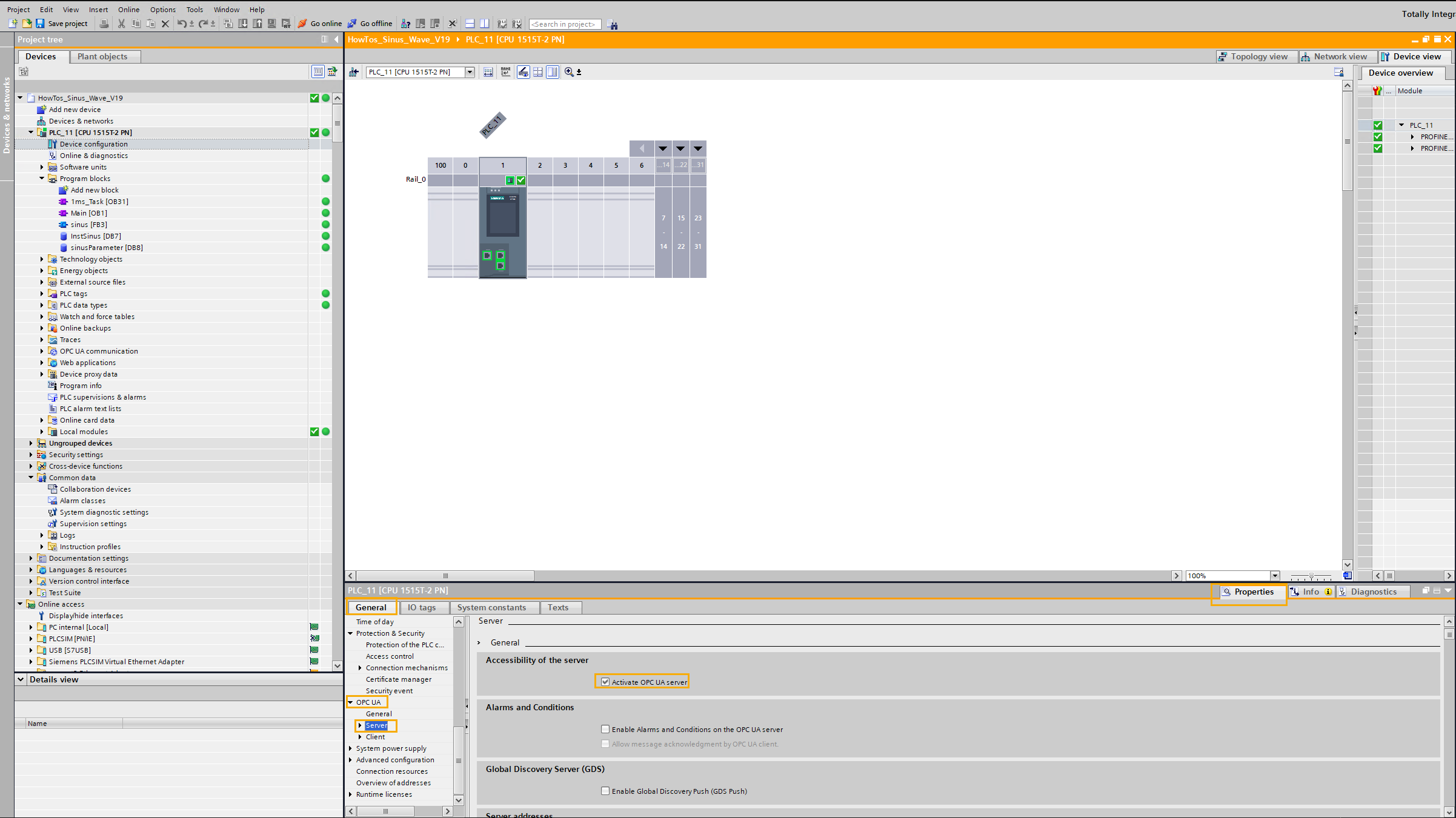 Under "Accessibility of the Server", click the checkbox to "Activate OPC UA server".