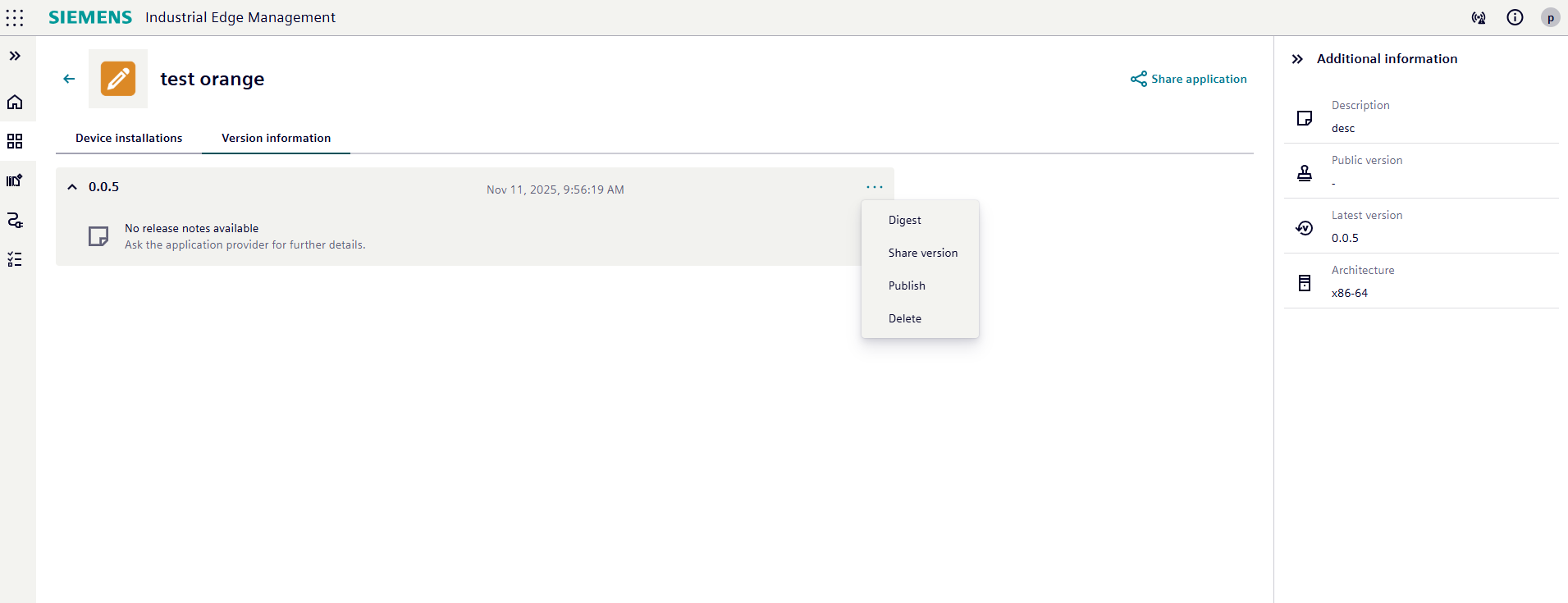App and Version sharing Interface